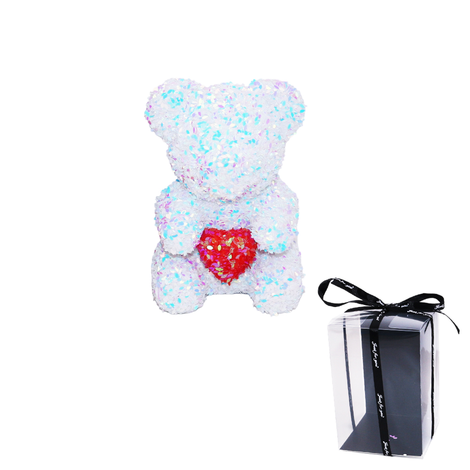White Sequin Rose Bear with Red Heart 18.5cm