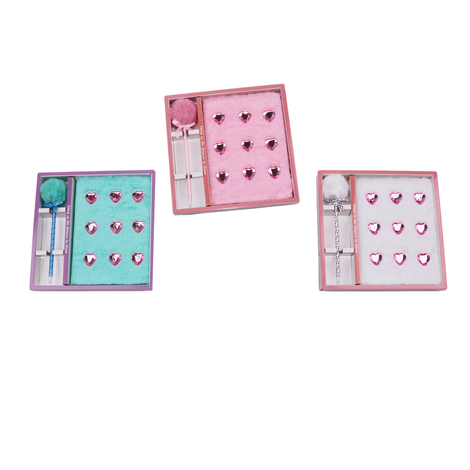 A5 Fluffy Notebook and Pen Set with Gem Hearts
