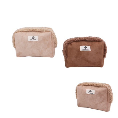 Suede-Effect Cosmetic Bag with Fur Trim 22×16×7cm