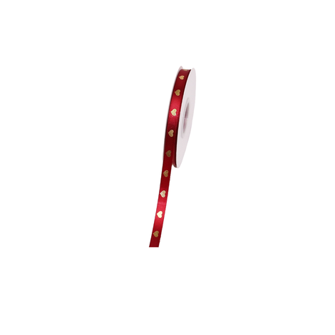 Red Satin Ribbon with Gold-Foil Hearts 1cm × 100Y