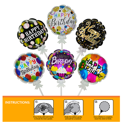 Self-Inflating Round Foil Birthday Balloon with Stick 15cm