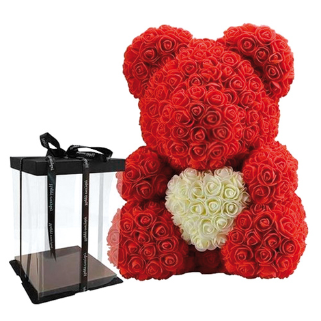 Rose Bear 25 / 40cm – Red Roses with White Heart in Luxury Gift Box